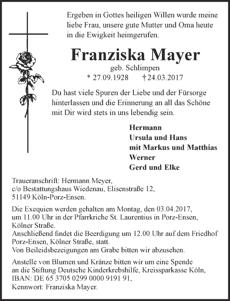  Traueranzeige für Franziska Mayer vom 29.03.2017 aus  Kölner Wochenspiegel 