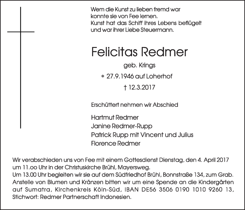  Traueranzeige für Felicitas Redmer vom 29.03.2017 aus  Schlossbote/Werbekurier 