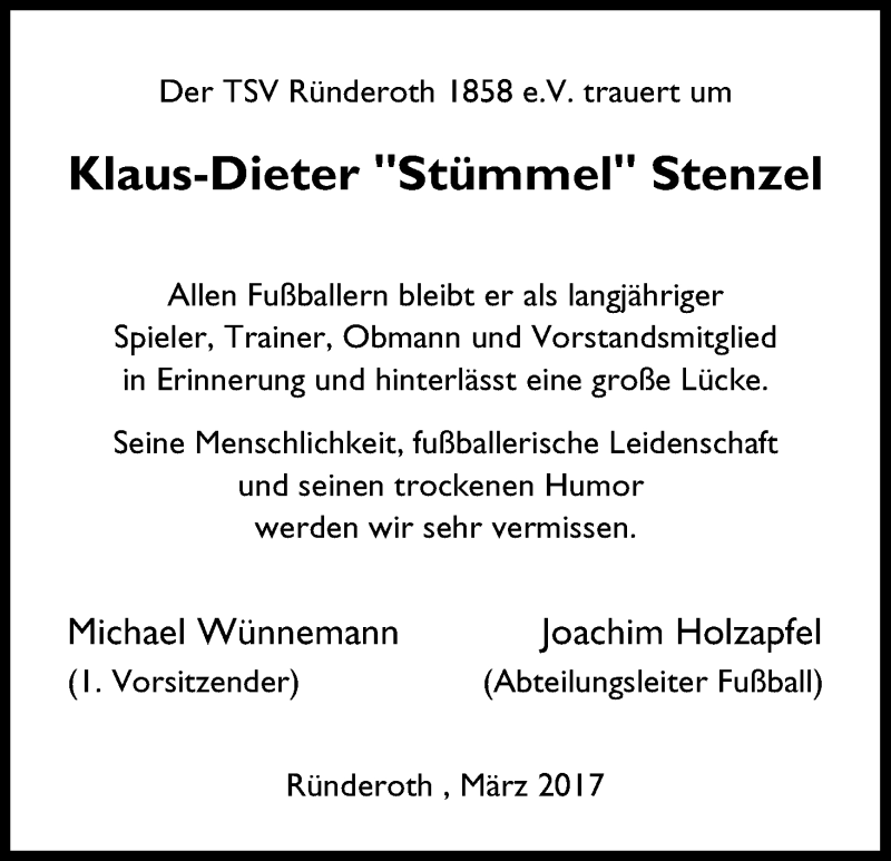  Traueranzeige für Klaus Dieter Stenzel vom 21.03.2017 aus Kölner Stadt-Anzeiger / Kölnische Rundschau / Express