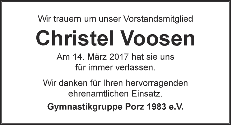  Traueranzeige für Christel Voosen vom 29.03.2017 aus  Kölner Wochenspiegel 