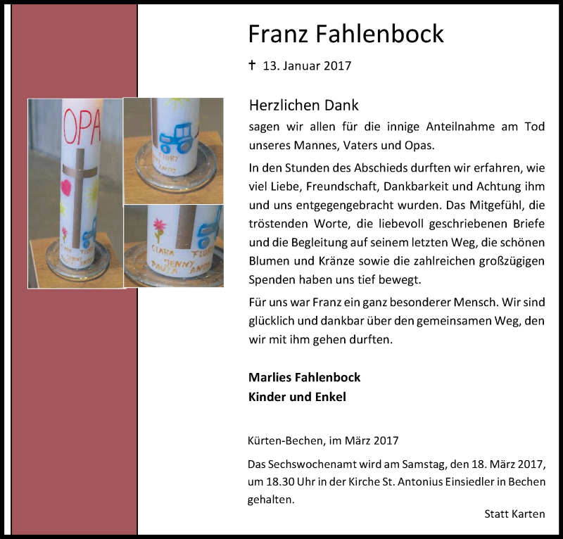  Traueranzeige für Franz Fahlenbock vom 15.03.2017 aus Kölner Stadt-Anzeiger / Kölnische Rundschau / Express