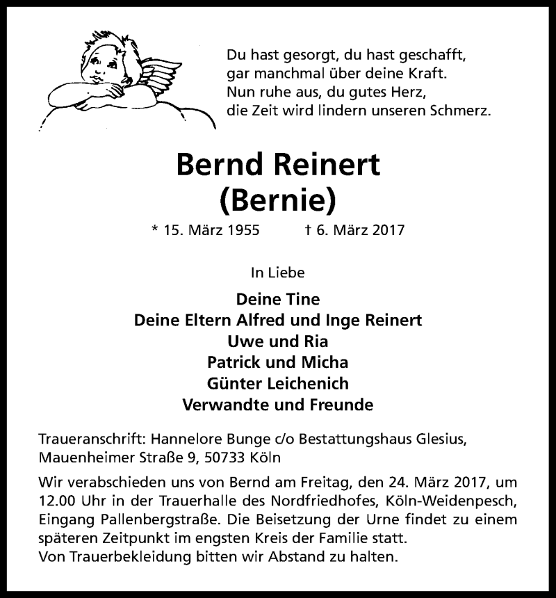  Traueranzeige für Bernd Reinert vom 17.03.2017 aus Kölner Stadt-Anzeiger / Kölnische Rundschau / Express