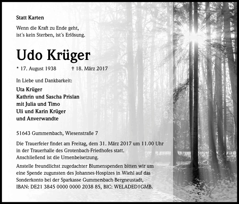  Traueranzeige für Udo Krüger vom 22.03.2017 aus Kölner Stadt-Anzeiger / Kölnische Rundschau / Express