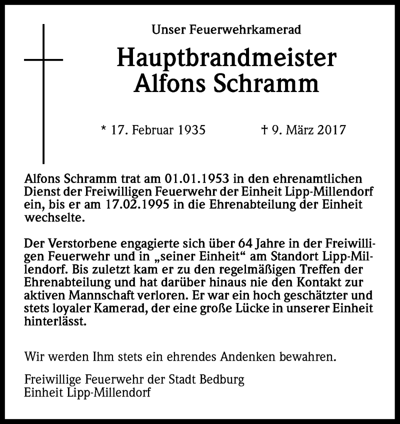  Traueranzeige für Alfons Schramm vom 20.03.2017 aus Kölner Stadt-Anzeiger / Kölnische Rundschau / Express