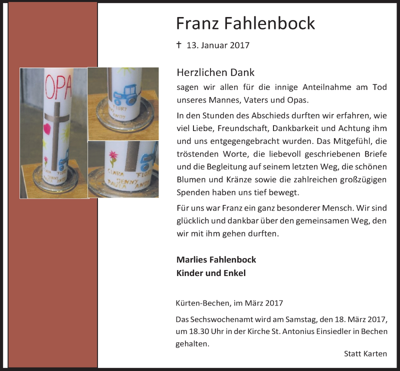  Traueranzeige für Franz Fahlenbock vom 15.03.2017 aus  Bergisches Handelsblatt 