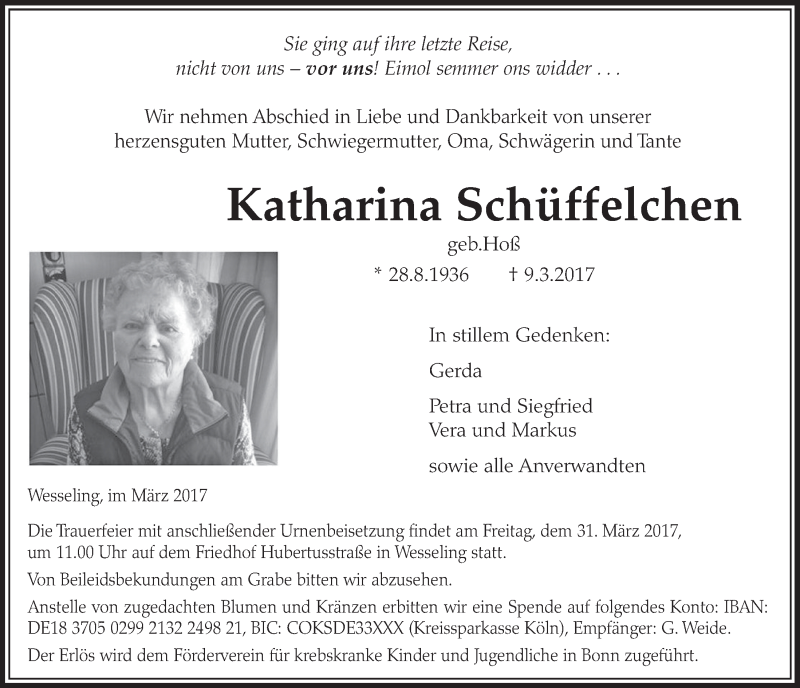  Traueranzeige für Katharina Schüffelchen vom 29.03.2017 aus  Schlossbote/Werbekurier 