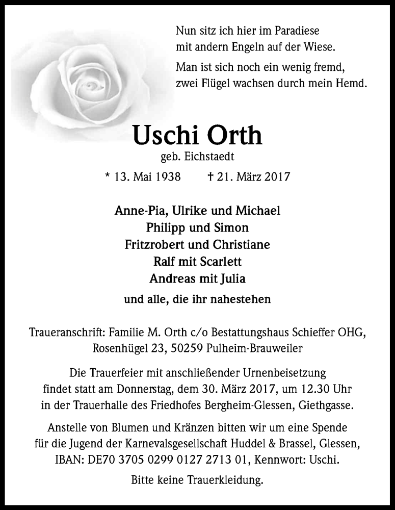  Traueranzeige für Uschi Orth vom 25.03.2017 aus Kölner Stadt-Anzeiger / Kölnische Rundschau / Express