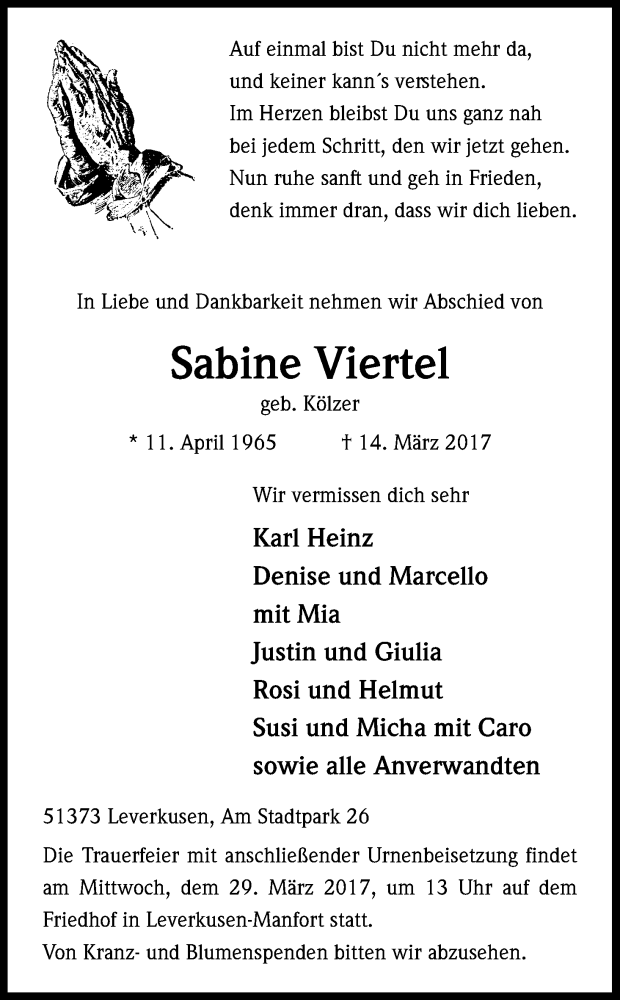  Traueranzeige für Sabine Viertel vom 22.03.2017 aus Kölner Stadt-Anzeiger / Kölnische Rundschau / Express