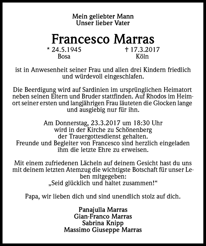  Traueranzeige für Francesco Marras vom 21.03.2017 aus Kölner Stadt-Anzeiger / Kölnische Rundschau / Express
