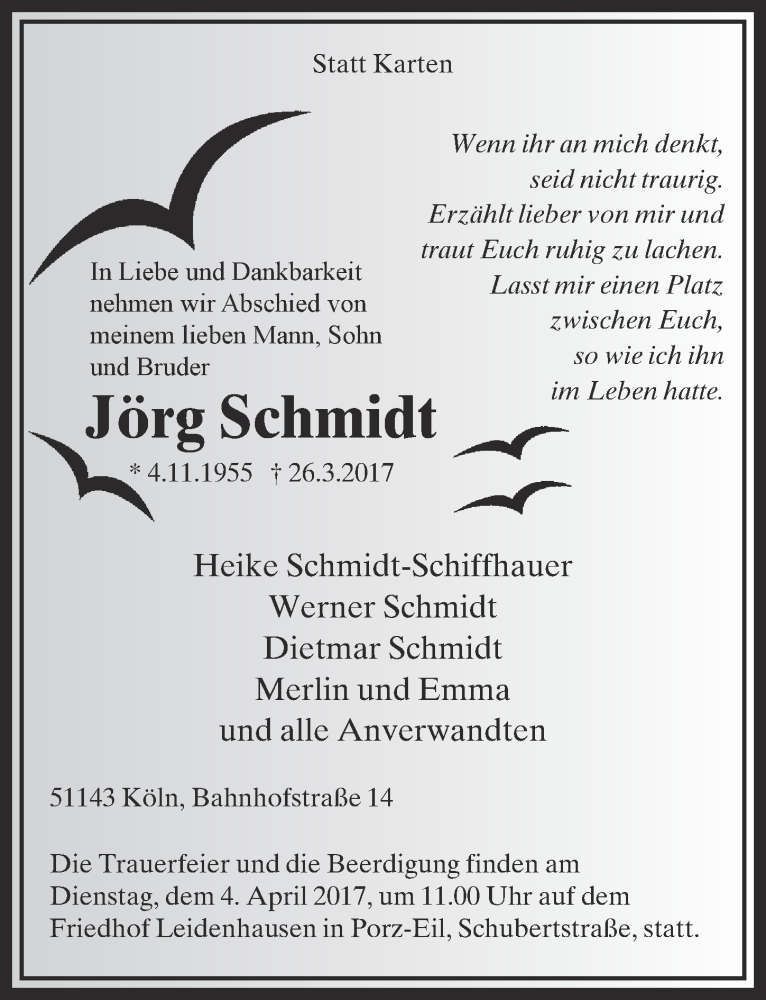  Traueranzeige für Jörg Schmidt vom 29.03.2017 aus  Kölner Wochenspiegel 
