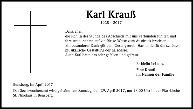  Traueranzeige für Karl Krauß vom 22.04.2017 aus Kölner Stadt-Anzeiger / Kölnische Rundschau / Express