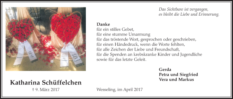  Traueranzeige für Katharina Schüffelchen vom 12.04.2017 aus  Schlossbote/Werbekurier 