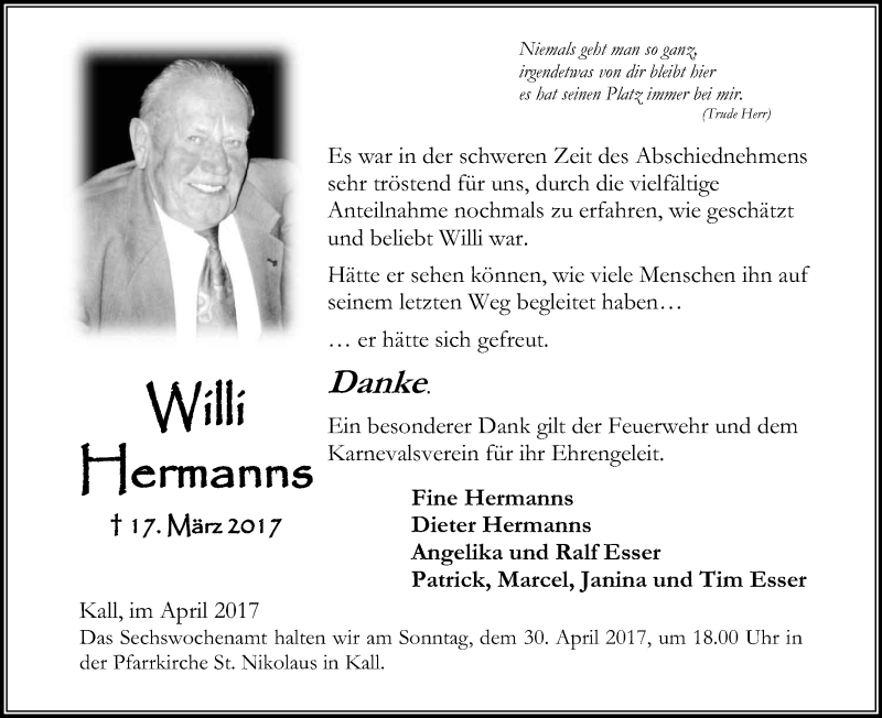  Traueranzeige für Willi Hermanns vom 28.04.2017 aus Kölner Stadt-Anzeiger / Kölnische Rundschau / Express