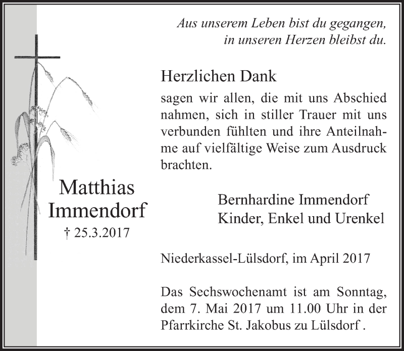  Traueranzeige für Matthias Immendorf vom 26.04.2017 aus  Extra Blatt 