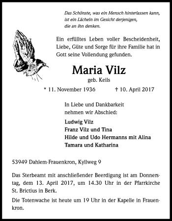 Anzeige von Maria Vilz von Kölner Stadt-Anzeiger / Kölnische Rundschau / Express