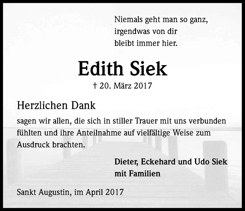  Traueranzeige für Edith Siek vom 15.04.2017 aus Kölner Stadt-Anzeiger / Kölnische Rundschau / Express