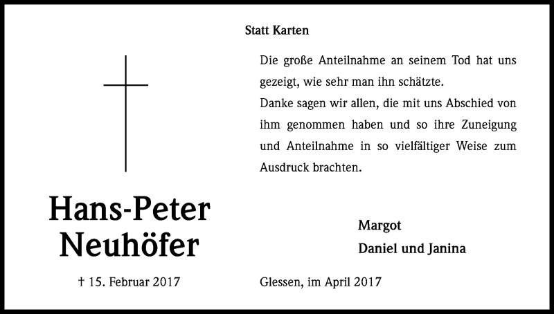 Traueranzeige für Hans-Peter Neuhöfer vom 29.04.2017 aus Kölner Stadt-Anzeiger / Kölnische Rundschau / Express