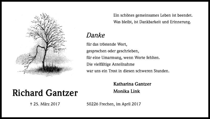  Traueranzeige für Richard Gantzer vom 29.04.2017 aus Kölner Stadt-Anzeiger / Kölnische Rundschau / Express