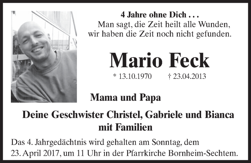  Traueranzeige für Mario Feck vom 19.04.2017 aus  Schlossbote/Werbekurier 