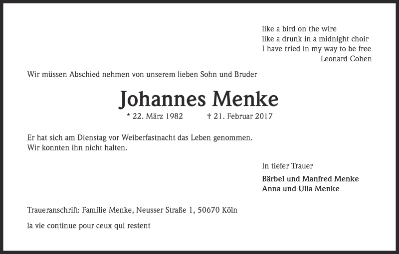  Traueranzeige für Johannes Menke vom 26.04.2017 aus Kölner Stadt-Anzeiger / Kölnische Rundschau / Express