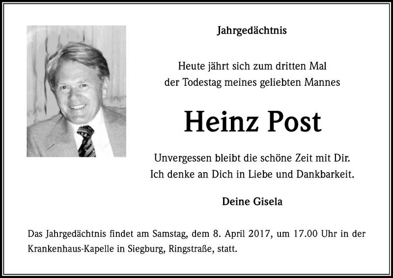  Traueranzeige für Heinz Post vom 04.04.2017 aus Kölner Stadt-Anzeiger / Kölnische Rundschau / Express