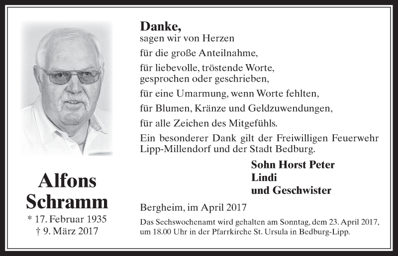  Traueranzeige für Alfons Schramm vom 19.04.2017 aus  Werbepost 