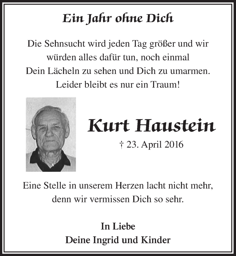  Traueranzeige für Kurt Haustein vom 19.04.2017 aus  Lokalanzeiger 