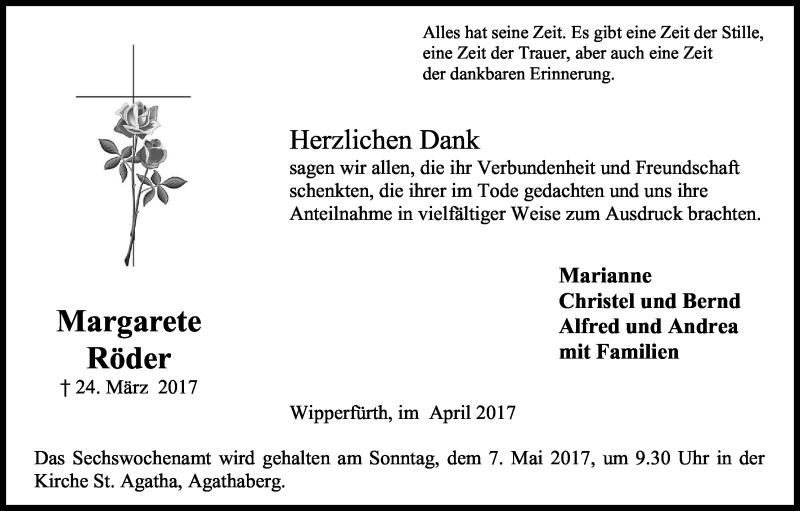  Traueranzeige für Margarete Röder vom 29.04.2017 aus Kölner Stadt-Anzeiger / Kölnische Rundschau / Express