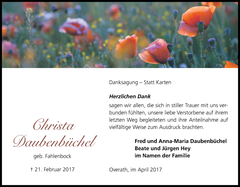  Traueranzeige für Christa Daubenbüchel vom 01.04.2017 aus Kölner Stadt-Anzeiger / Kölnische Rundschau / Express
