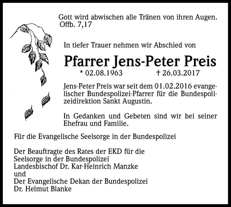  Traueranzeige für Jens-Peter Preis vom 03.04.2017 aus Kölner Stadt-Anzeiger / Kölnische Rundschau / Express