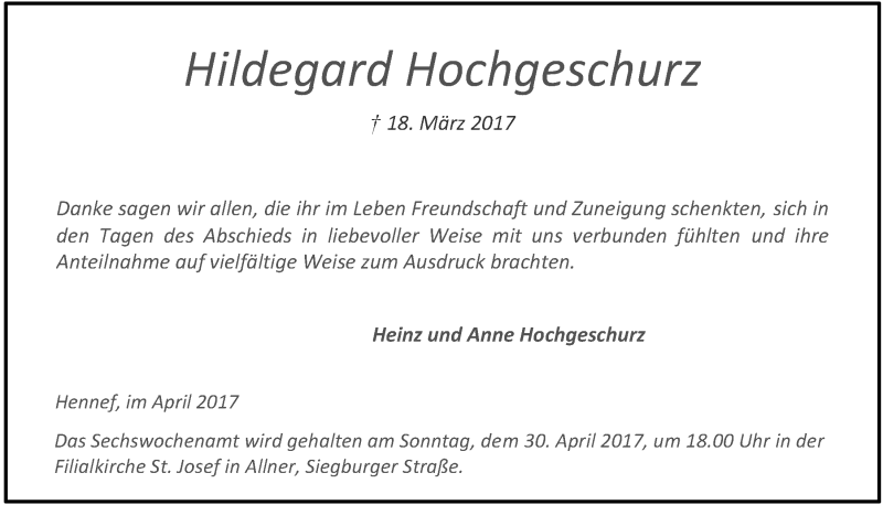  Traueranzeige für Hildegard Hochgeschurz vom 19.04.2017 aus  Extra Blatt 