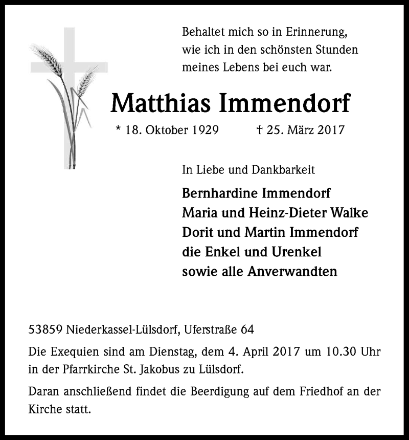  Traueranzeige für Matthias Immendorf vom 01.04.2017 aus Kölner Stadt-Anzeiger / Kölnische Rundschau / Express