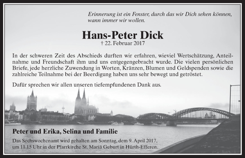  Traueranzeige für Hans-Peter Dick vom 05.04.2017 aus  Wochenende 