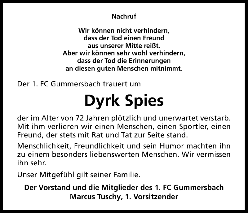  Traueranzeige für Dyrk Spies vom 04.04.2017 aus Kölner Stadt-Anzeiger / Kölnische Rundschau / Express