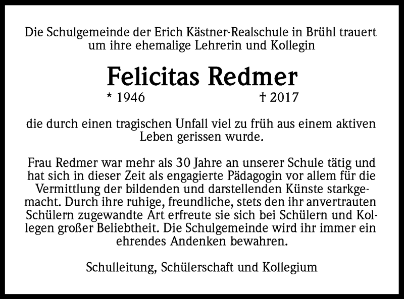  Traueranzeige für Felicitas Redmer vom 05.04.2017 aus Kölner Stadt-Anzeiger / Kölnische Rundschau / Express