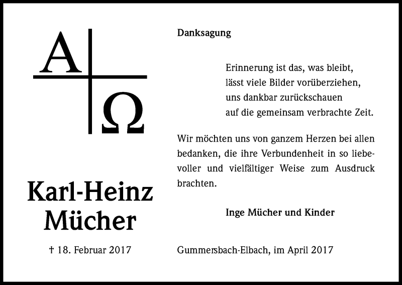  Traueranzeige für Karl-Heinz Mücher vom 07.04.2017 aus Kölner Stadt-Anzeiger / Kölnische Rundschau / Express