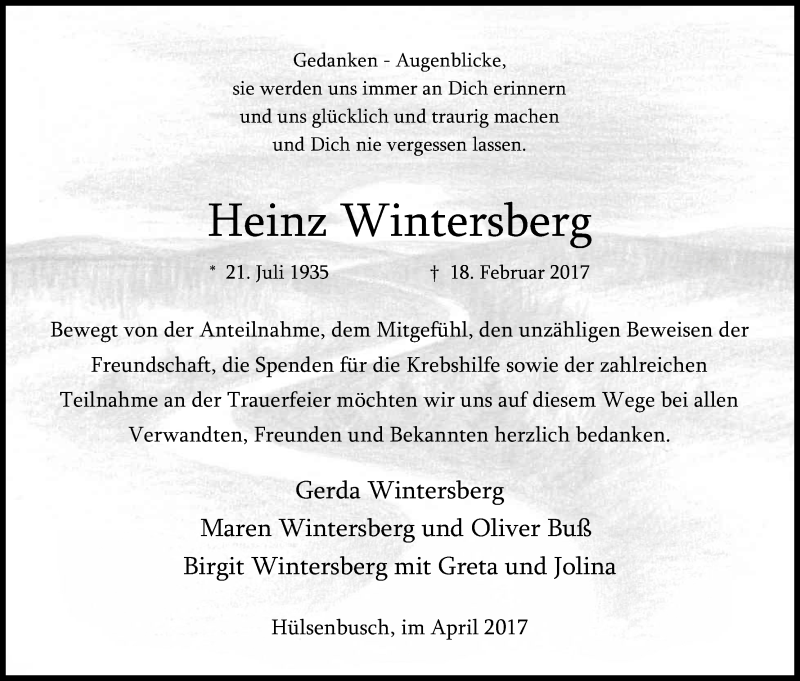  Traueranzeige für Heinz Wintersberg vom 15.04.2017 aus Kölner Stadt-Anzeiger / Kölnische Rundschau / Express