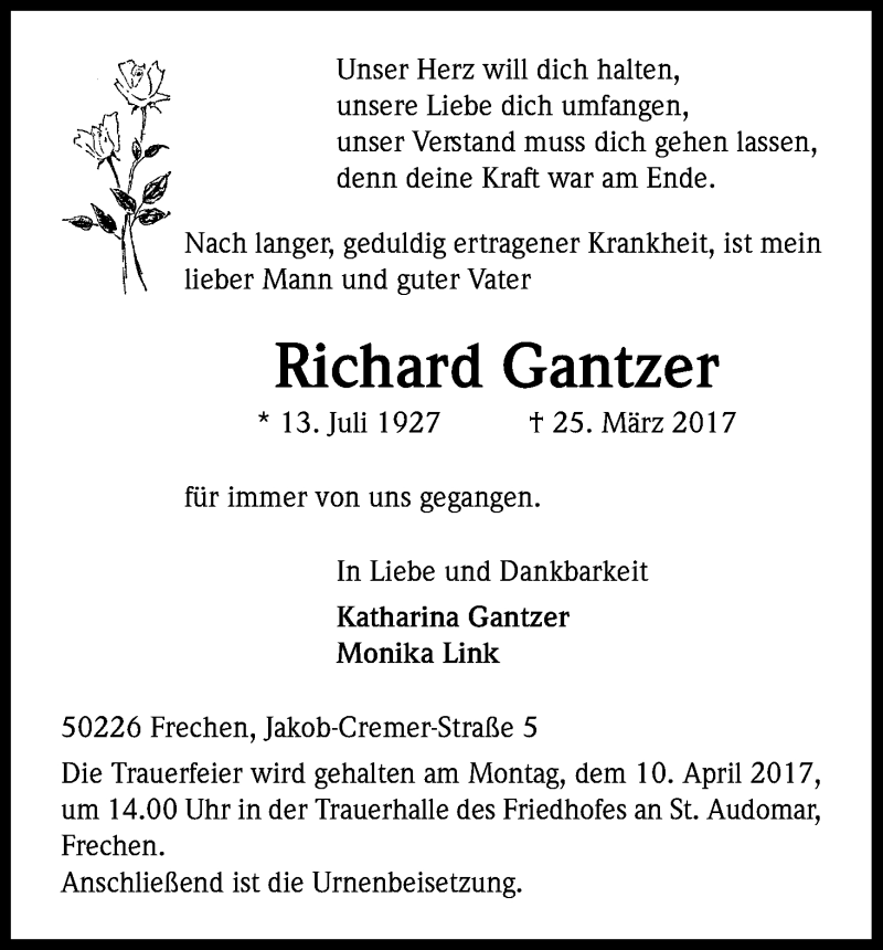  Traueranzeige für Richard Gantzer vom 01.04.2017 aus Kölner Stadt-Anzeiger / Kölnische Rundschau / Express
