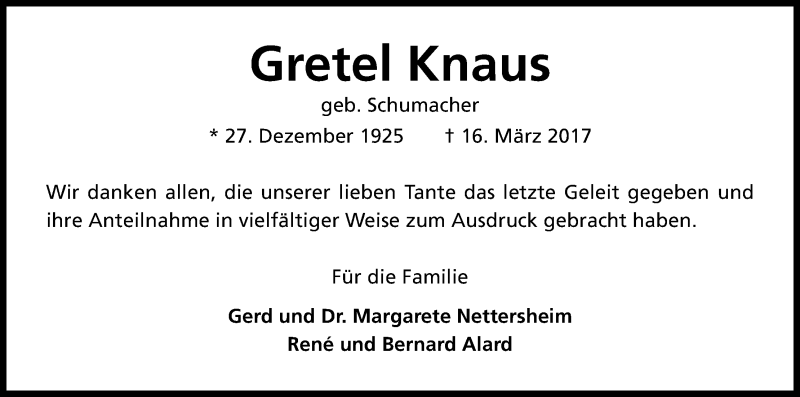  Traueranzeige für Gretel Knaus vom 10.05.2017 aus Kölner Stadt-Anzeiger / Kölnische Rundschau / Express