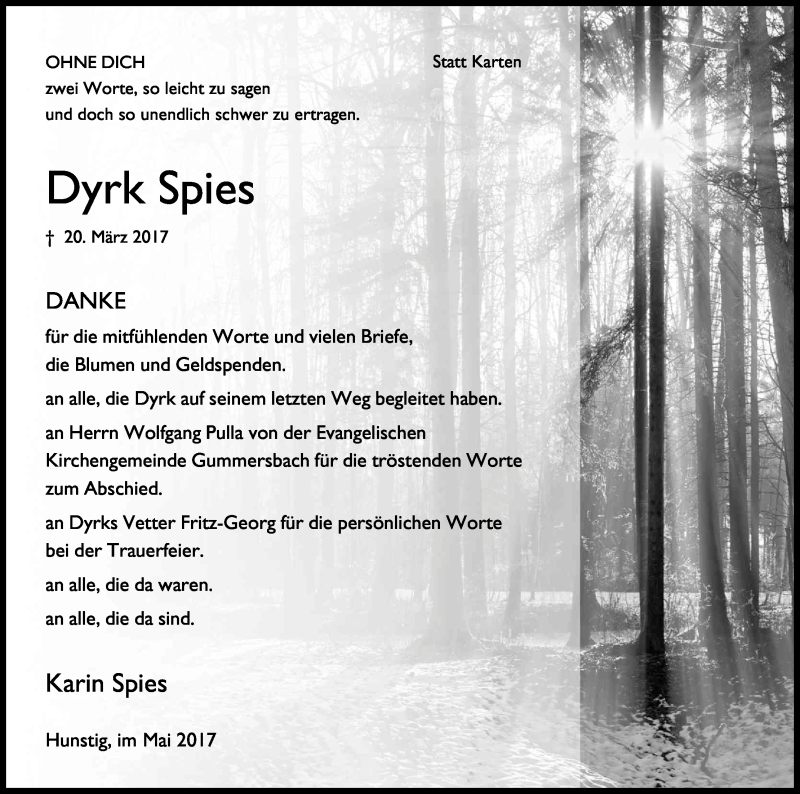  Traueranzeige für Dyrk Spies vom 27.05.2017 aus Kölner Stadt-Anzeiger / Kölnische Rundschau / Express