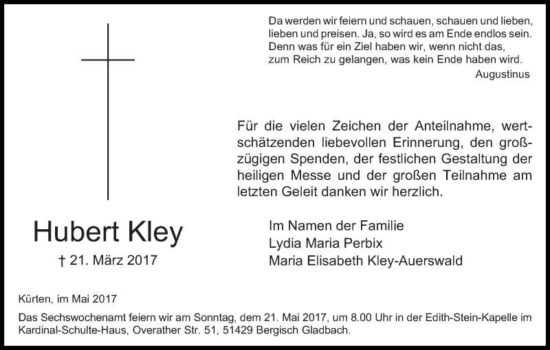  Traueranzeige für Hubert Kley vom 06.05.2017 aus Kölner Stadt-Anzeiger / Kölnische Rundschau / Express