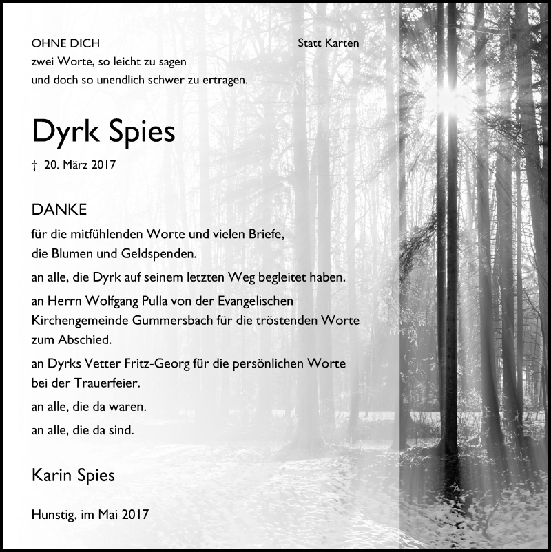 Traueranzeige für Dyrk Spies vom 31.05.2017 aus  Anzeigen Echo 