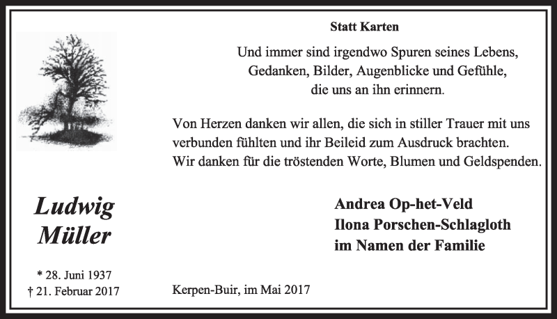  Traueranzeige für Ludwig Müller vom 13.05.2017 aus  Sonntags-Post 