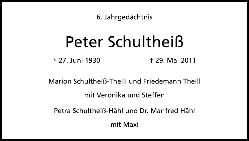  Traueranzeige für Peter Schultheiß vom 30.05.2017 aus Kölner Stadt-Anzeiger / Kölnische Rundschau / Express