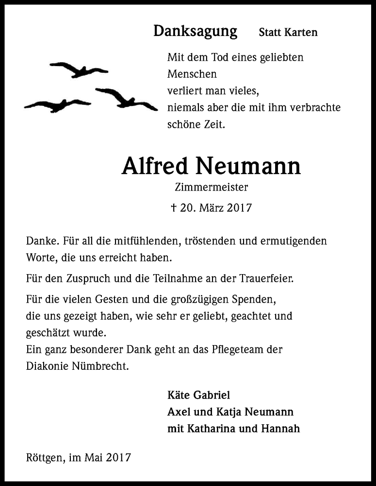  Traueranzeige für Alfred Neumann vom 06.05.2017 aus Kölner Stadt-Anzeiger / Kölnische Rundschau / Express