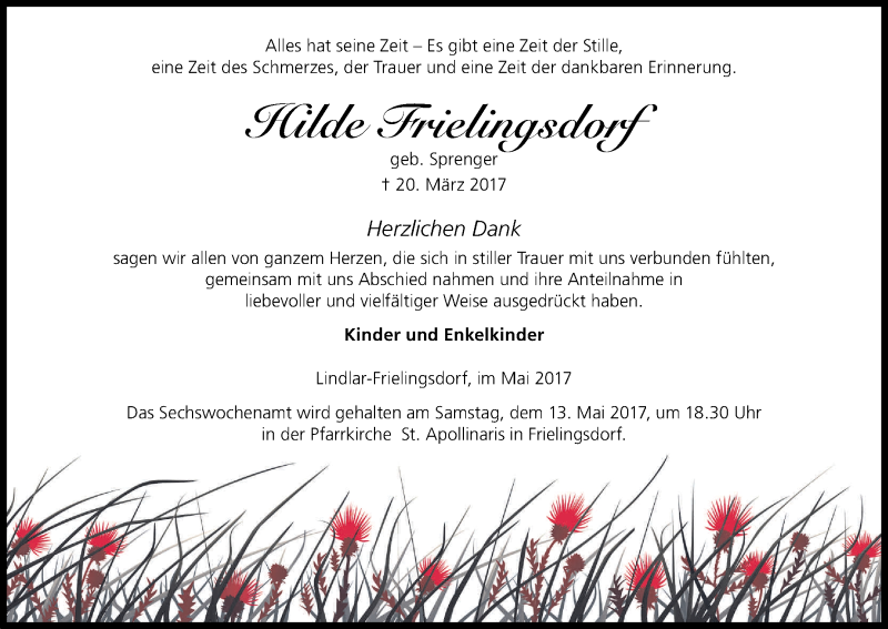  Traueranzeige für Hilde Frielingsdorf vom 06.05.2017 aus Kölner Stadt-Anzeiger / Kölnische Rundschau / Express