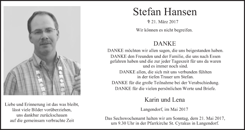  Traueranzeige für Stefan Hansen vom 13.05.2017 aus  Blickpunkt Euskirchen 