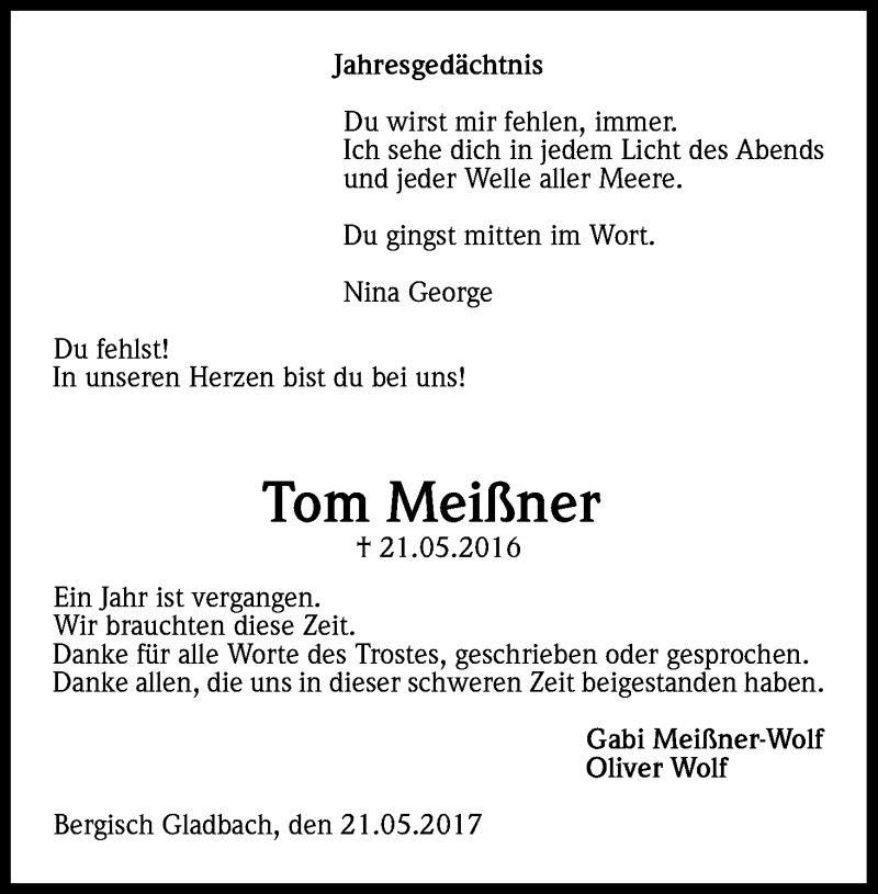  Traueranzeige für Tom Meißner vom 20.05.2017 aus Kölner Stadt-Anzeiger / Kölnische Rundschau / Express