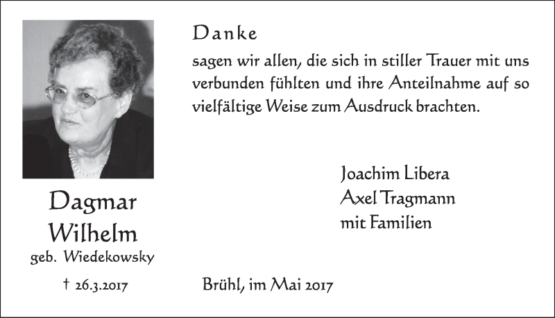  Traueranzeige für Dagmar Wilhelm vom 17.05.2017 aus  Schlossbote/Werbekurier 