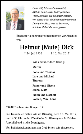 Anzeige von Helmut Dick von Kölner Stadt-Anzeiger / Kölnische Rundschau / Express